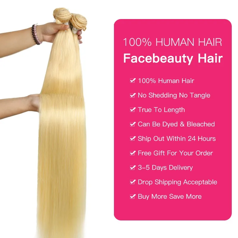 613 Blonde 1/3/4 Brazilian Hair Bundles Straight Weave Remy 100% Human Hair Weft 24 26 28 30 32 34 36 38 40 Inch Bundle Weaving 2