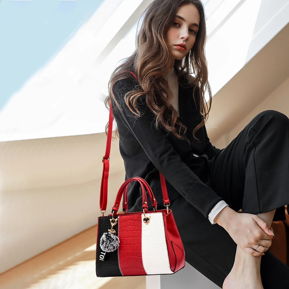 Bolso de mano de cuero sintético para mujer, bandolera informal con costuras de Color contrastante, para y compras| - AliExpress