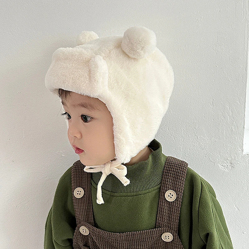 Cute Bear Baby Ear Protection Beanies Infant Plush Earflaps Cap Soft Furry Winter Warm Hat Kids Girl Boy Soild Bonnet Fit 8M-3Y