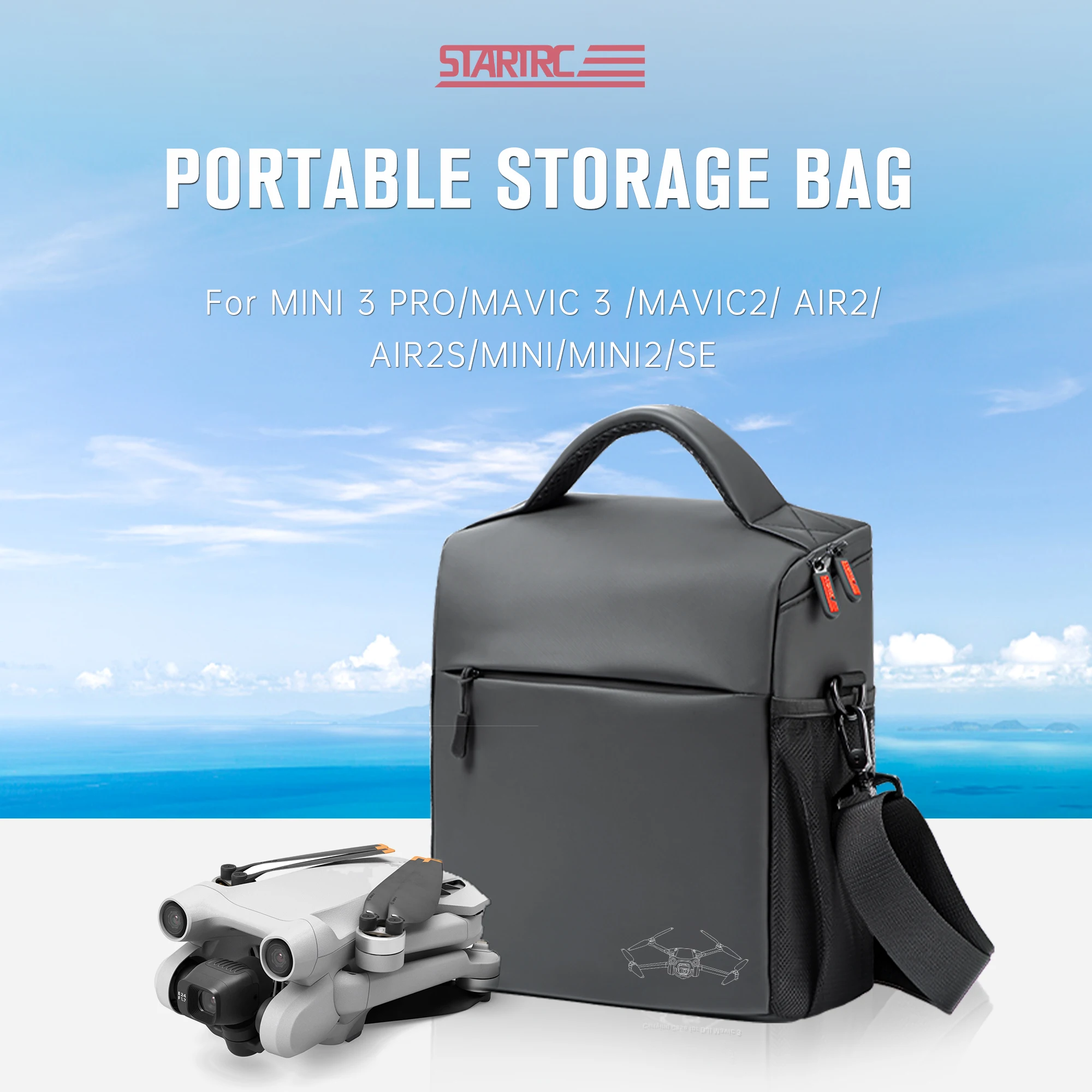 Sac à bandoulière pour drone DJI porté en travers, avec poche avant zippée, assurant protection et transport facile au quotidien.