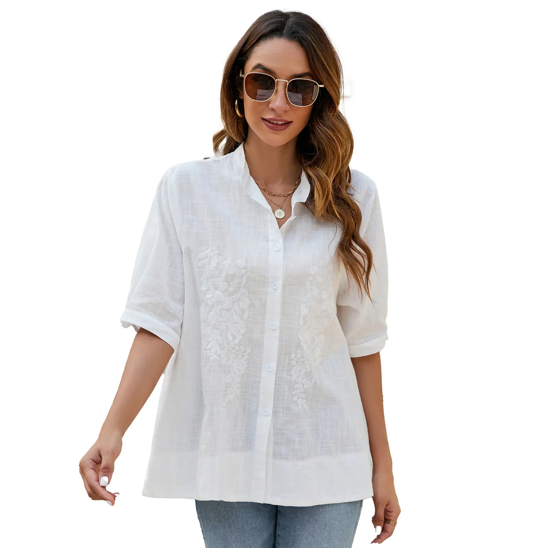 

Mexican Embroidered Bohemian Flower Farmhouse 3/4 Long Sleeved Summer Bohemian Style Traditional Shirt