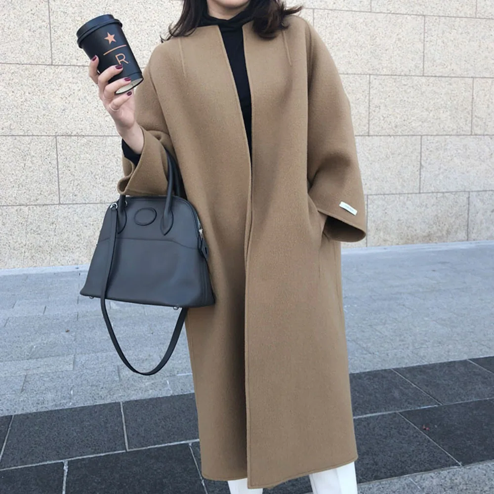 Women Cardigan Blends Round Neck Long Coats Casual Straight Wool Coat Loose Fit Full Sleeve Solid Splice Outwear Regular 2025