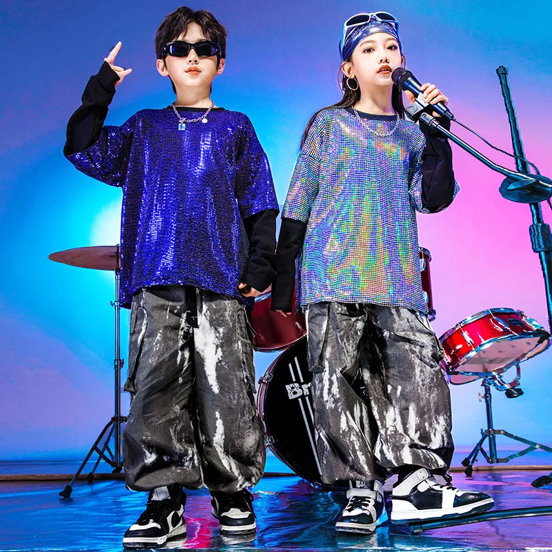 

Kid Kpop Hip Hop Clothing Sapphire Silver Sequine Sweatshirt Tie Dye Casual Jogger Pants for Girl Boy Jazz Dance Costume Clothes
