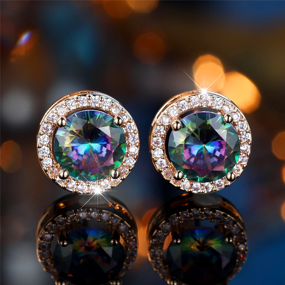 Cute Female Multicolor Pink Black Zircon Round Stone Stud Earrings Gold Color Wedding Jewelry For Women