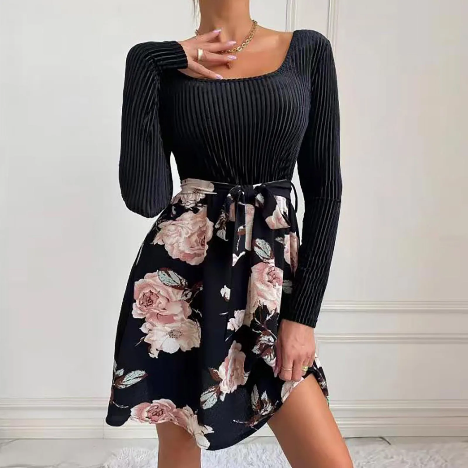

Women Long Sleeve Dress Floral Print Stitching Ribbed Slim High Waist Bowknot Dresses Elegant Bohemian Swing Sundress Vestidos