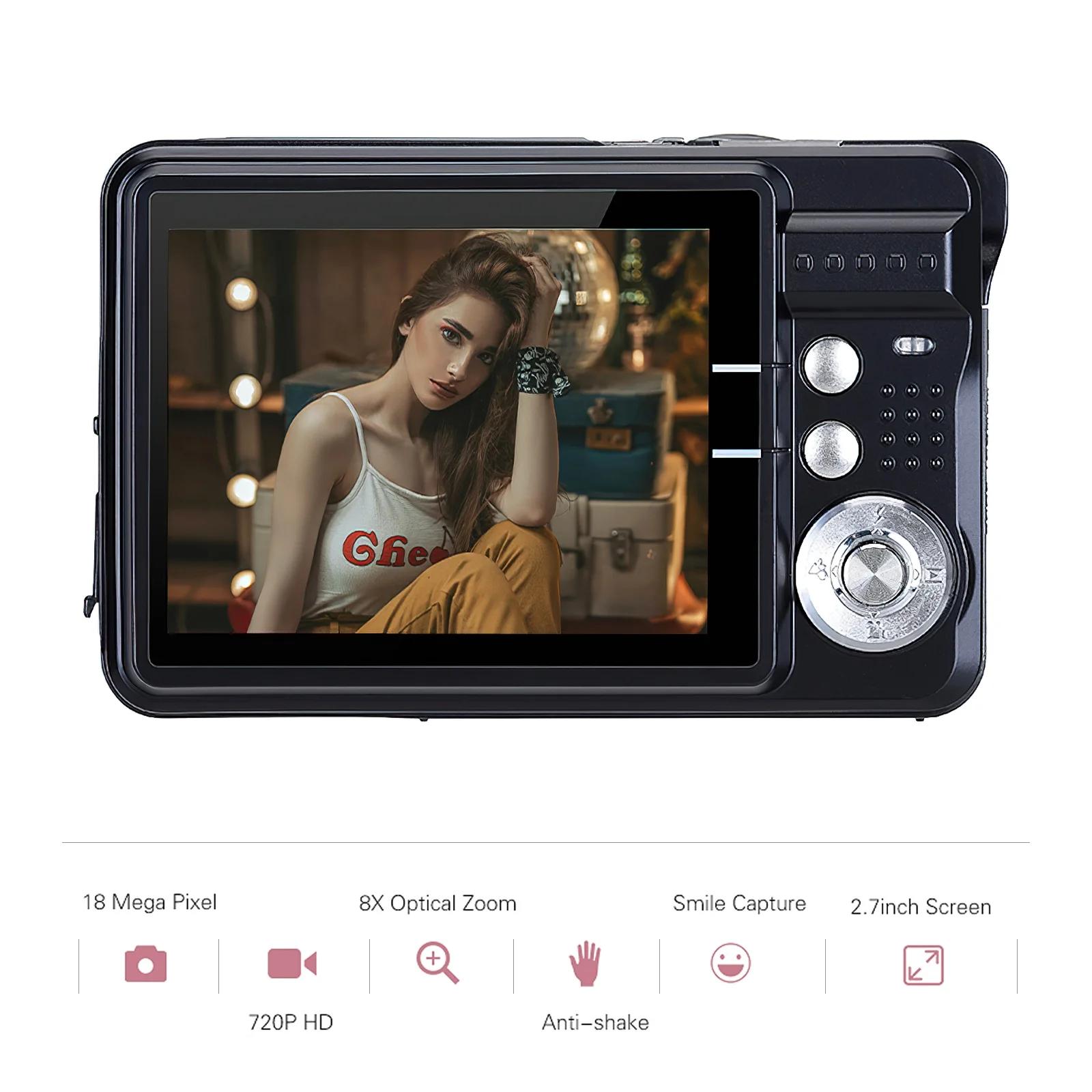 Portable Digital Camera 720P Video Camcorder 18MP Photo 8X Zoom Anti-shake 2.7 Inch Large TFT Screen USB Charge with Carry Bag