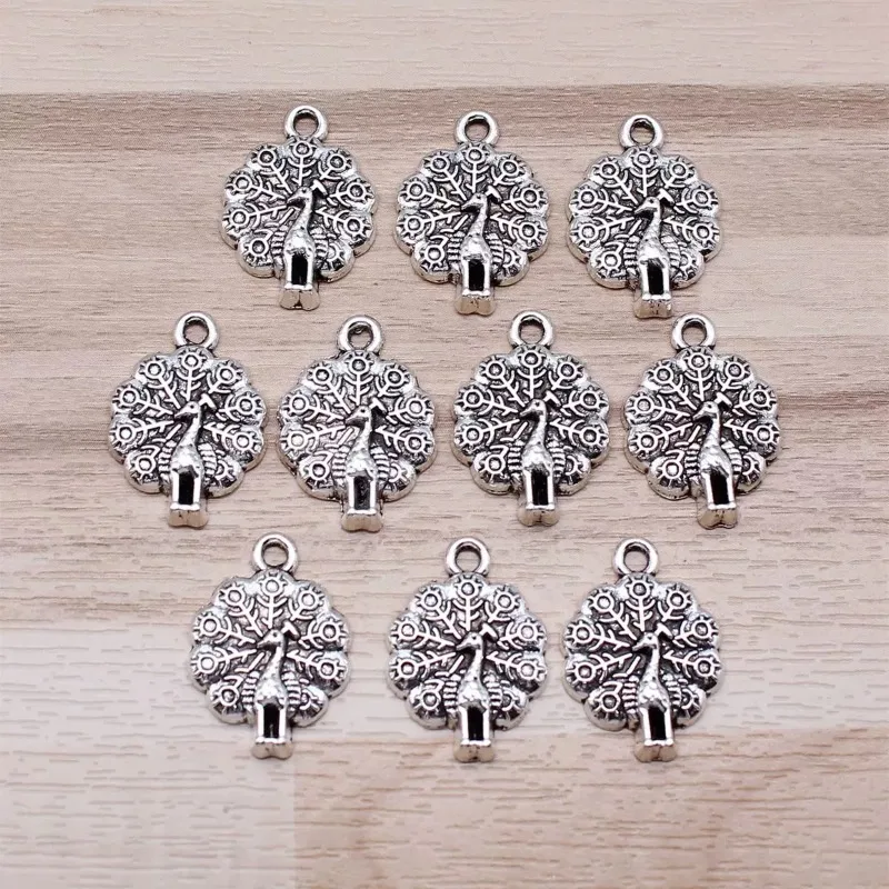 190 Stück antiksilberfarbene Pfauen-Anhänger, 21 x 15 mm, DIY-Halsketten, Armbänder, Ohrringe, Schmuckherstellung # 4052 Großhandel