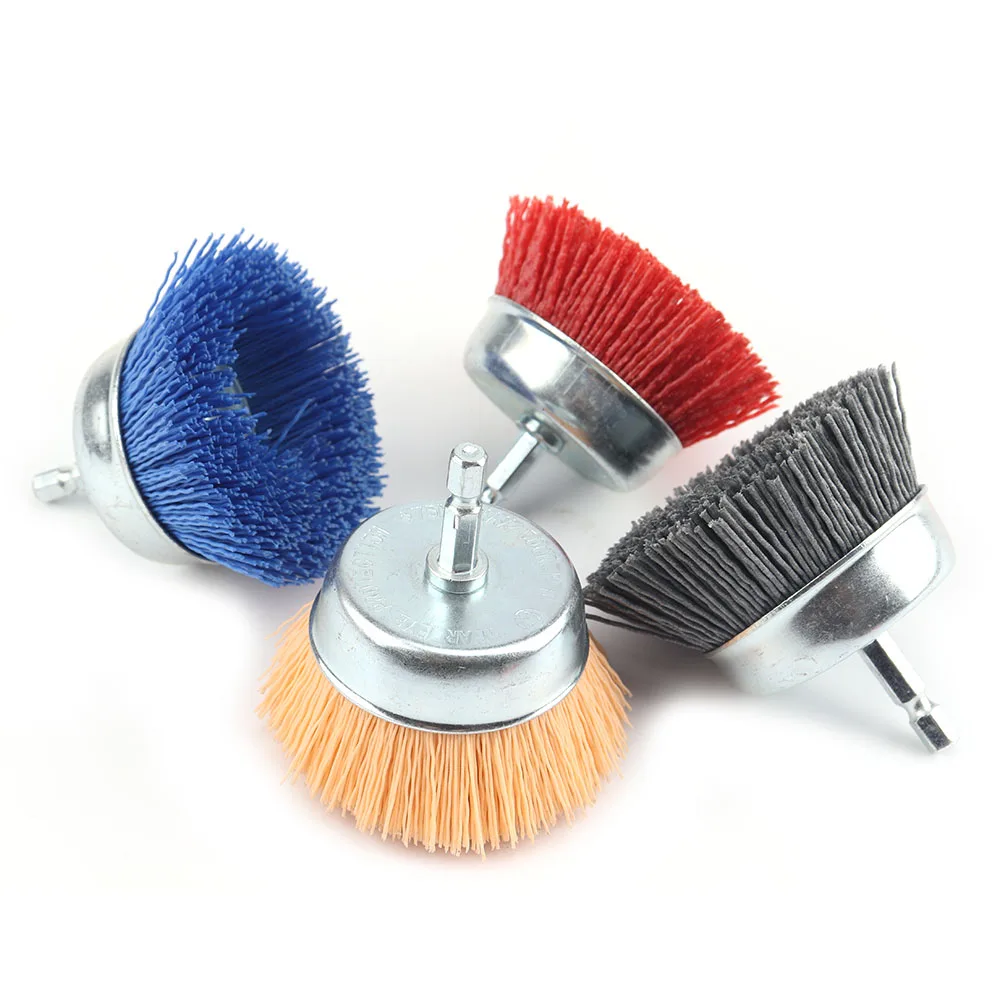 SIFANG 75mm Nylon Cup Brush Wood Polishing Wire Wheel Brush With Hexagonal Shank Abrasive Rust Removal Drill Rotary Tool Brush 2