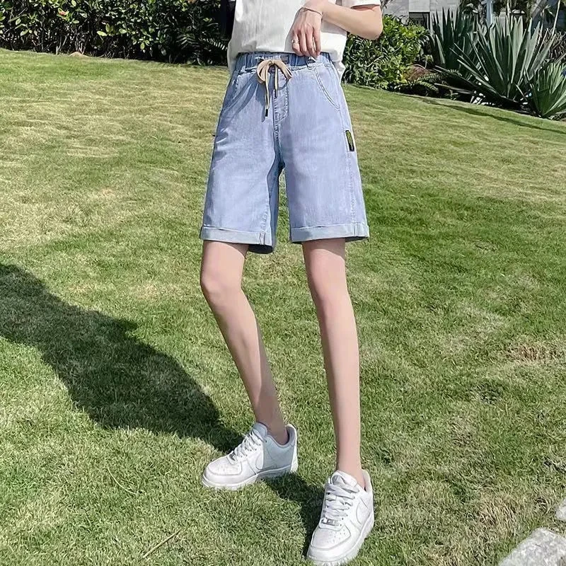 Plus Size Denim Women's Shorts 2024 Summer New Solid Thin Elastic Waist Curled Loose Casual Straight Leg Pants Ropa De Mujer