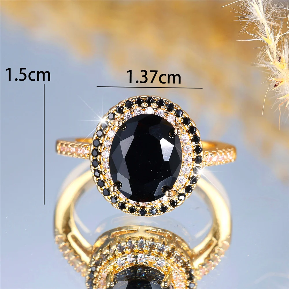 Luxury Crystal Black Zircon Stone Oval Rings For Women Vintage Silver Color Wedding Band Bridal Jewelry Engagement Gift