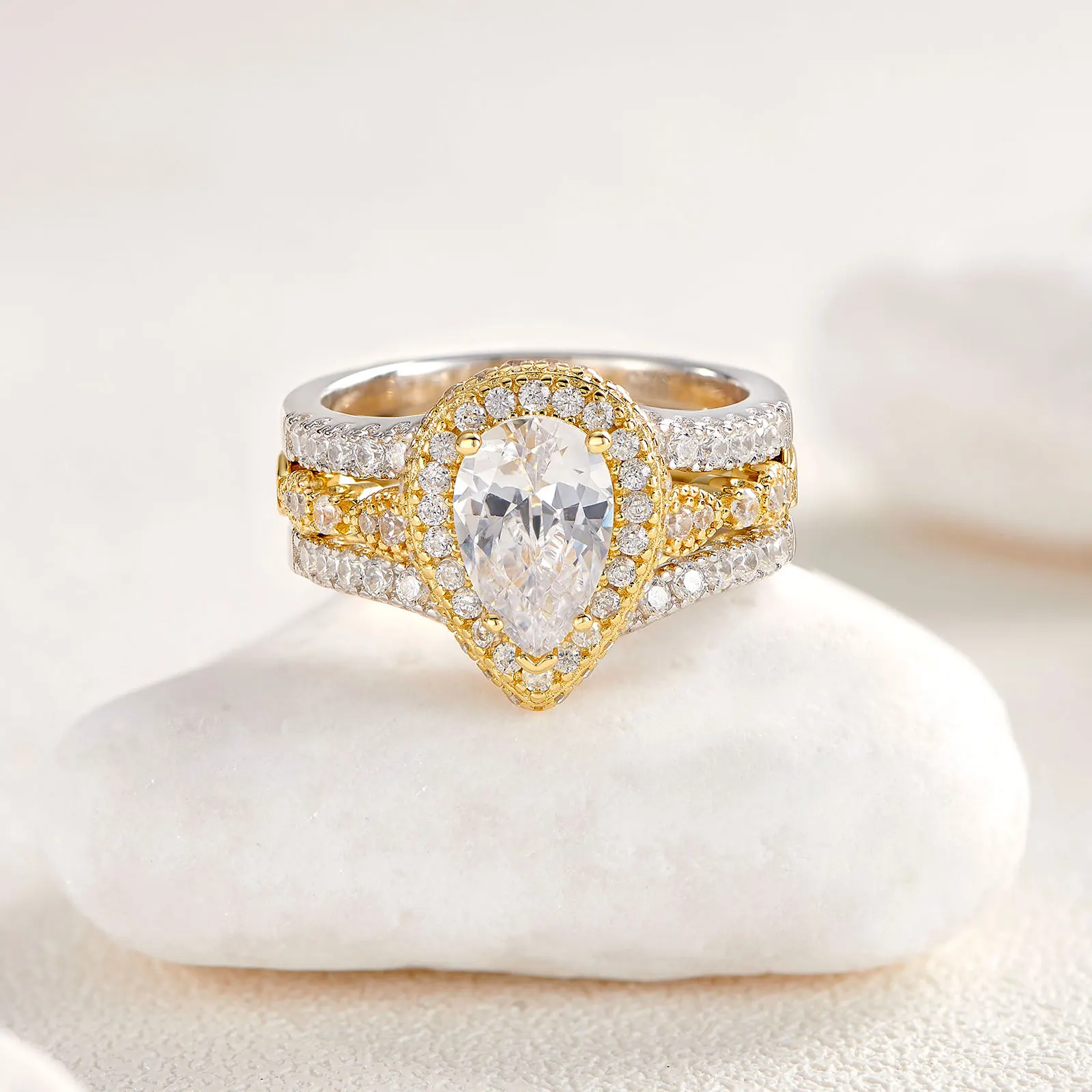 Newshe Yellow & Rose Gold 925 Sterling Silver Pear Shaped Engagement Ring Enhancer Wedding Band Simulated Diamond AAAAA CZ