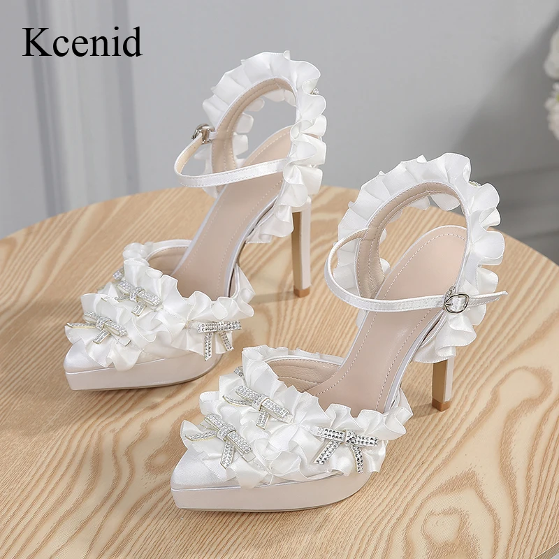 

Kcenid Crystal Butterfly-knot Pointed Toe Platform Pumps Women High Heel Square Button Fashion Satin Ankle Strap Wedding Shoes