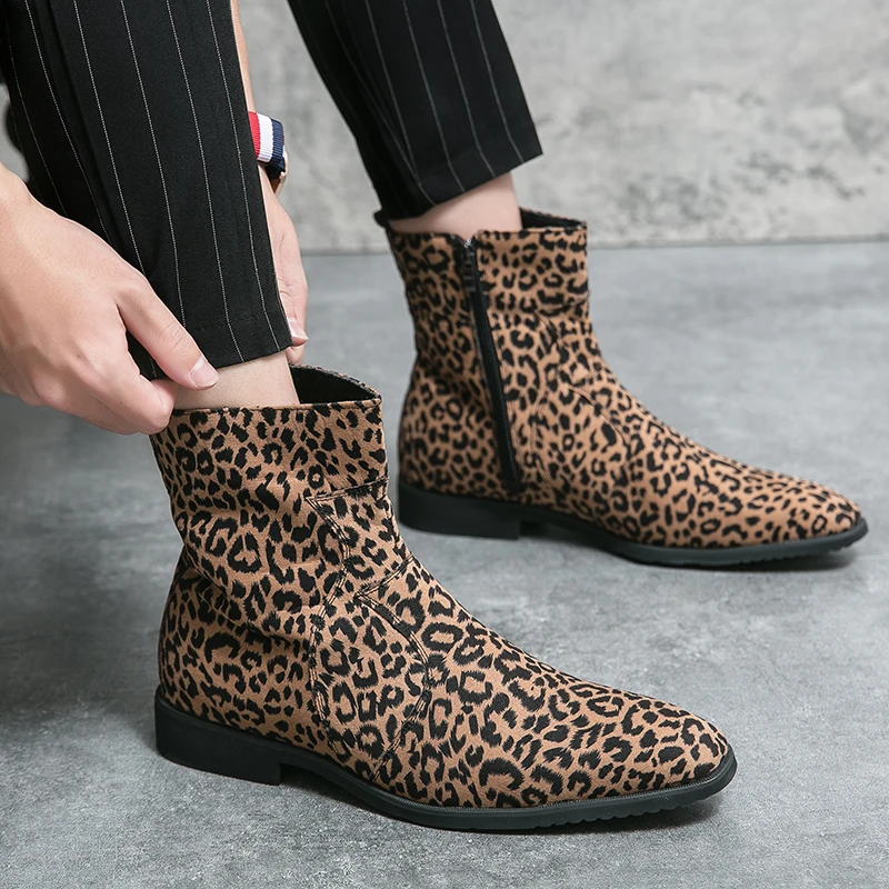Leopard Print Pattern Mid-Calf Ankle Boots Fashion Cowboy Boots Outdoor Men Original Short Designer Men's Shoes