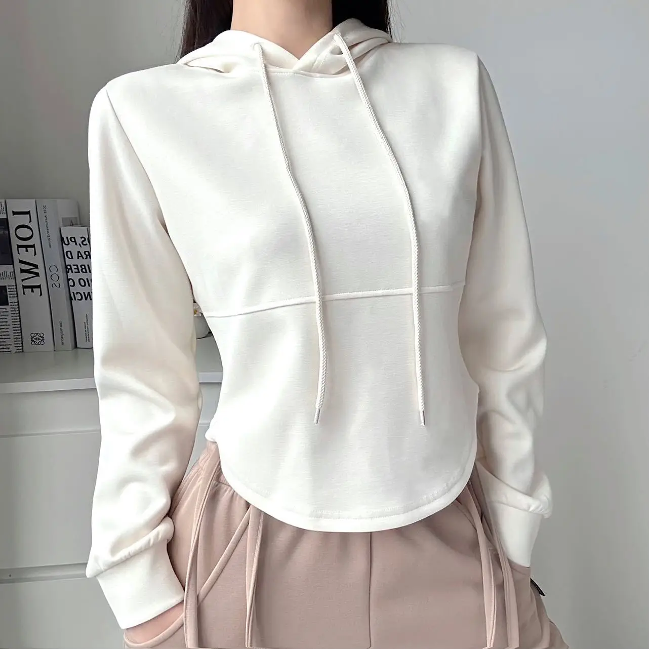 Autumn Solid Colors Drawstring Hooded Neck Hoodies Long Sleeve Casual Sweatshirt Women Tops