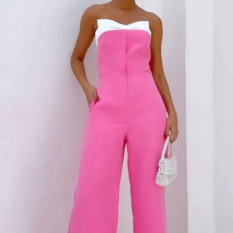 LIYONG Women Jumpsuit Summer Fashion Sexy Strapless Solid Sleeveless Nipped Waist Casual Loose Wide Legs Romper High Streetwear