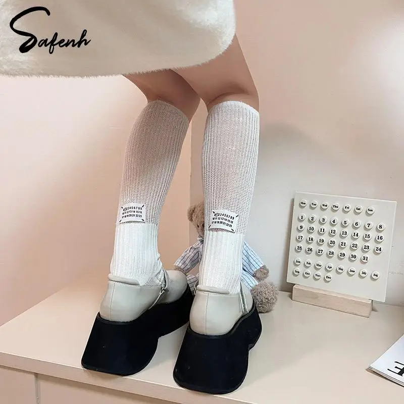 

1Pair Solid Color Long Socks Women Fashion Cloth Label Numbers Long-tube Socks Casual Sports Cotton Outside Wear Knee-high Sock