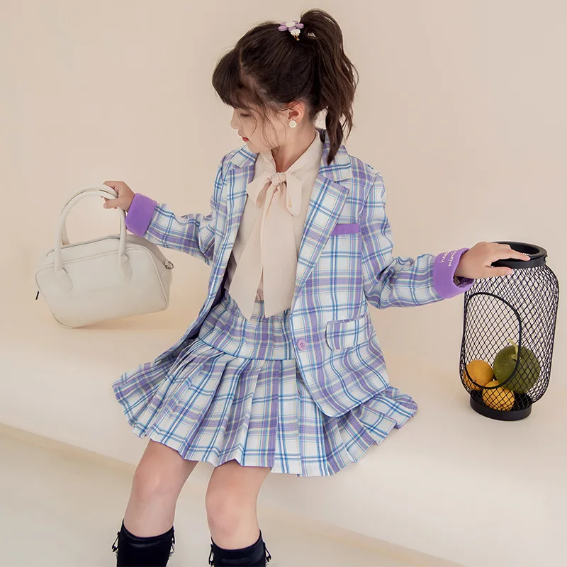 

New Children Girl Long Sleeve Single-Breasted Suit Blazer+Mini Skirt Plaid Two Pieces Spring Casual Children Clothing Sets 4-12Y