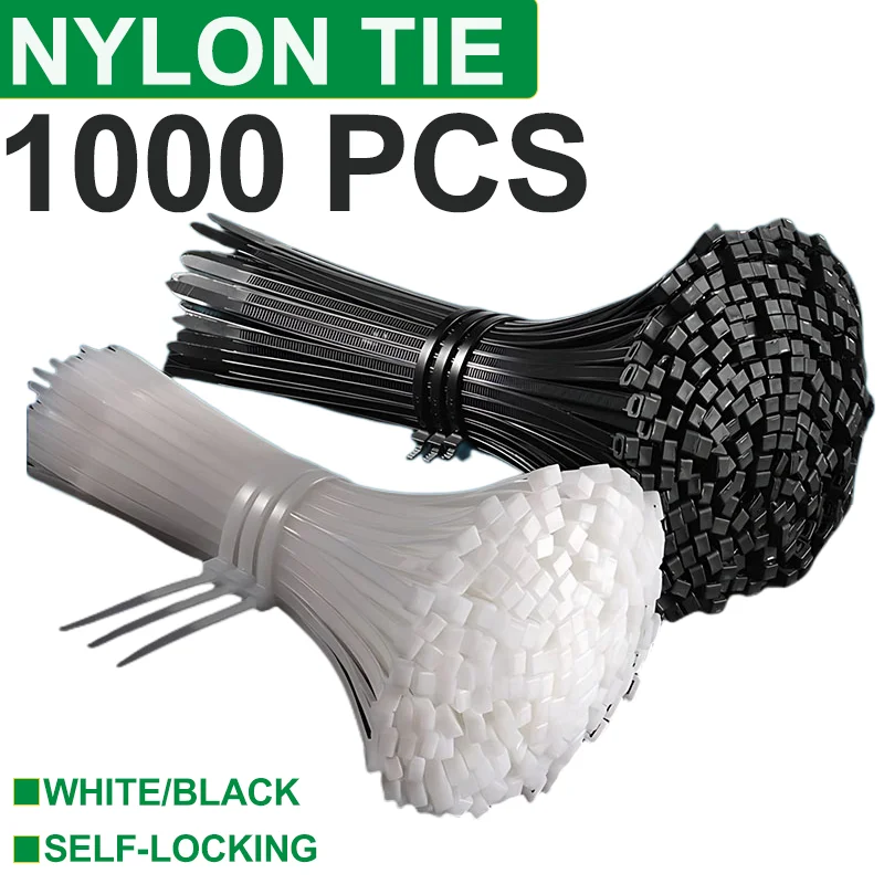 1000PcsCableBindingTapeNylonTieWhiteBlackPlasticAdjustable
