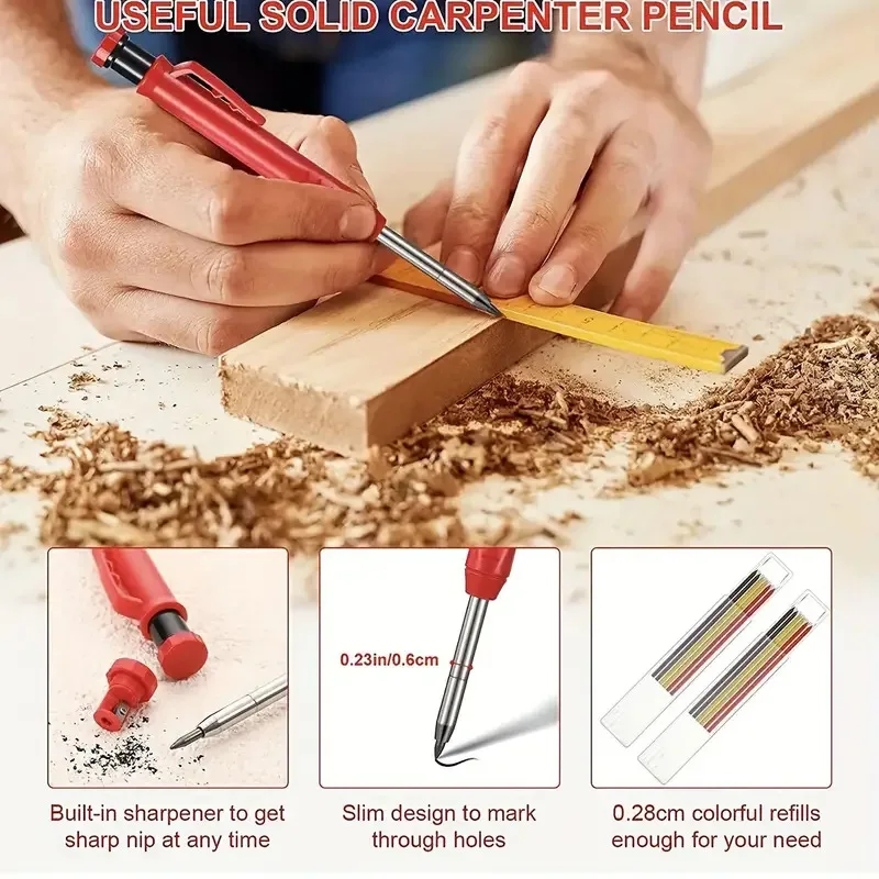 Solid Carpenter Pencil Set Woodworking Tools Mechanical Pencil 5 Colors Refill Construction Job Tools Carpentry Marking Scriber 6