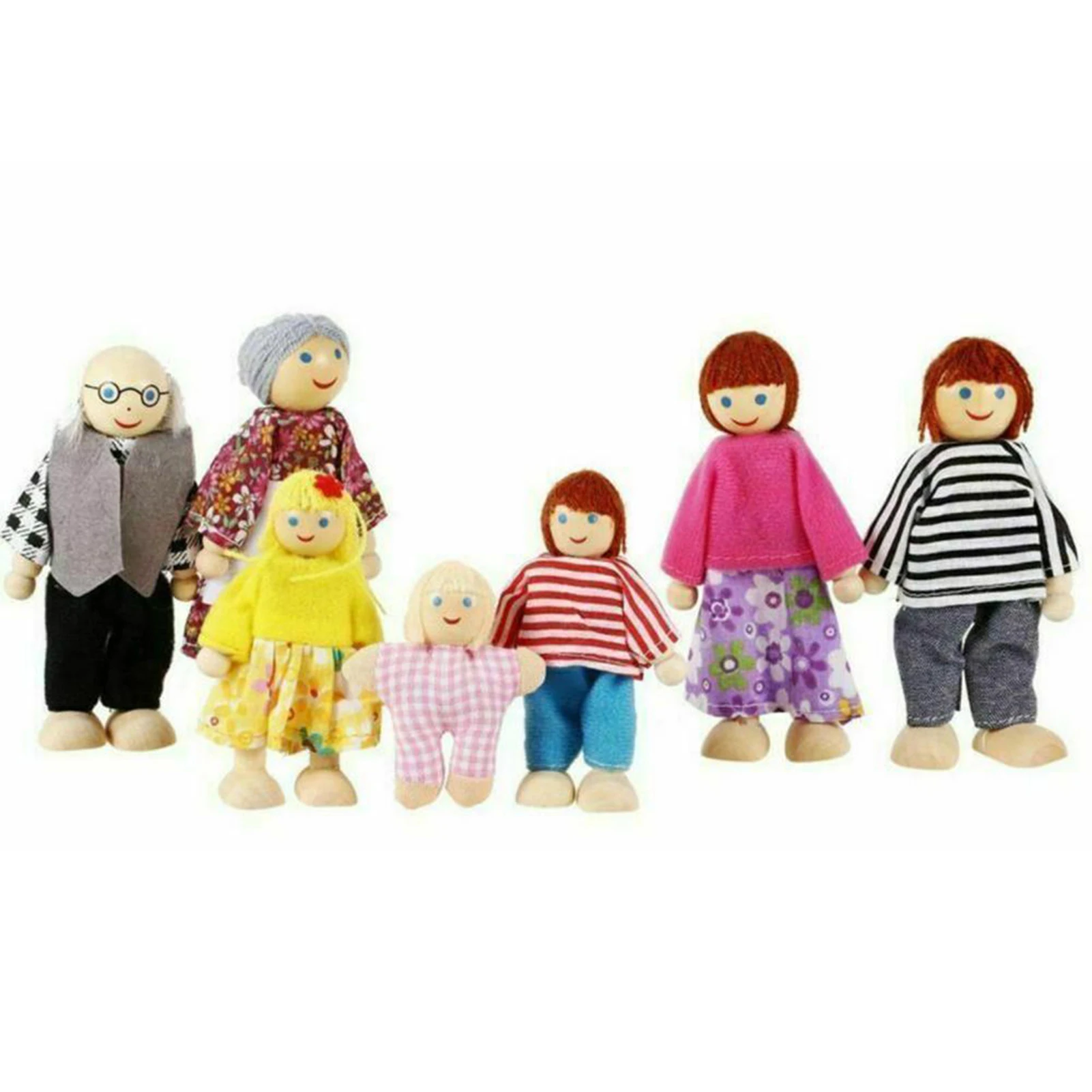Small Wooden Toys Set Dollhouse People Family Dolls Figures Dressed