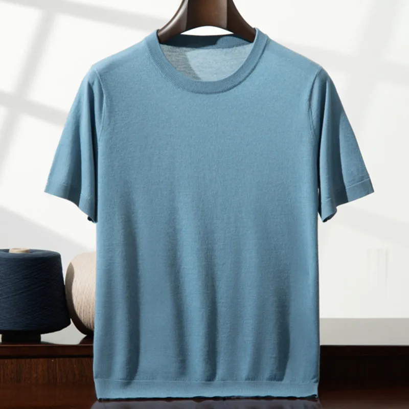 

High Quality Ultra Fine 100% Merino Wool T-shirts Spring Summer Men's Casual O-Neck Short Sleeve Knit T-shirt Cashmere Top Tees