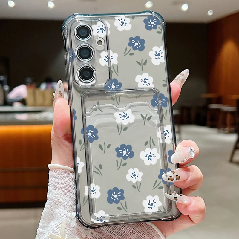 Blue & White Floral Card Wallet Phone Case - TPU Protective Cover