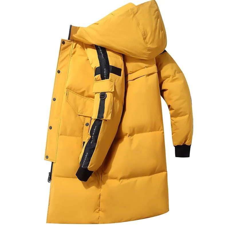 Down Coat Winter Men Korean Style White Duck Down Hooded Jacket Mid-long Stylish Outerwear Thick Warm Male Clothes