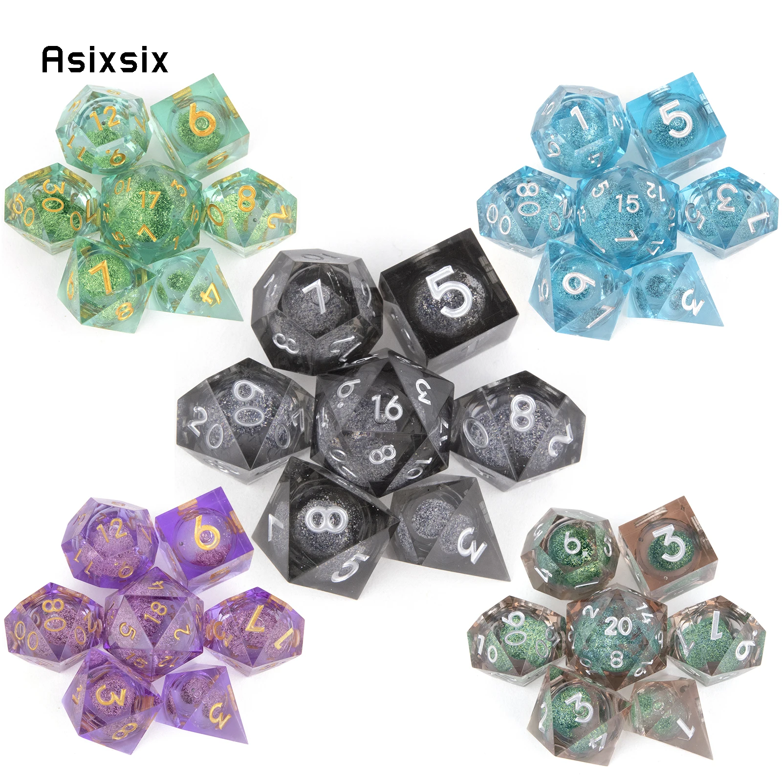 

7 Pcs All Kinds of Color Flowing Sand Golden Number Sharp Edge Dice Polyhedral Dice Suitable for RPG Board Game