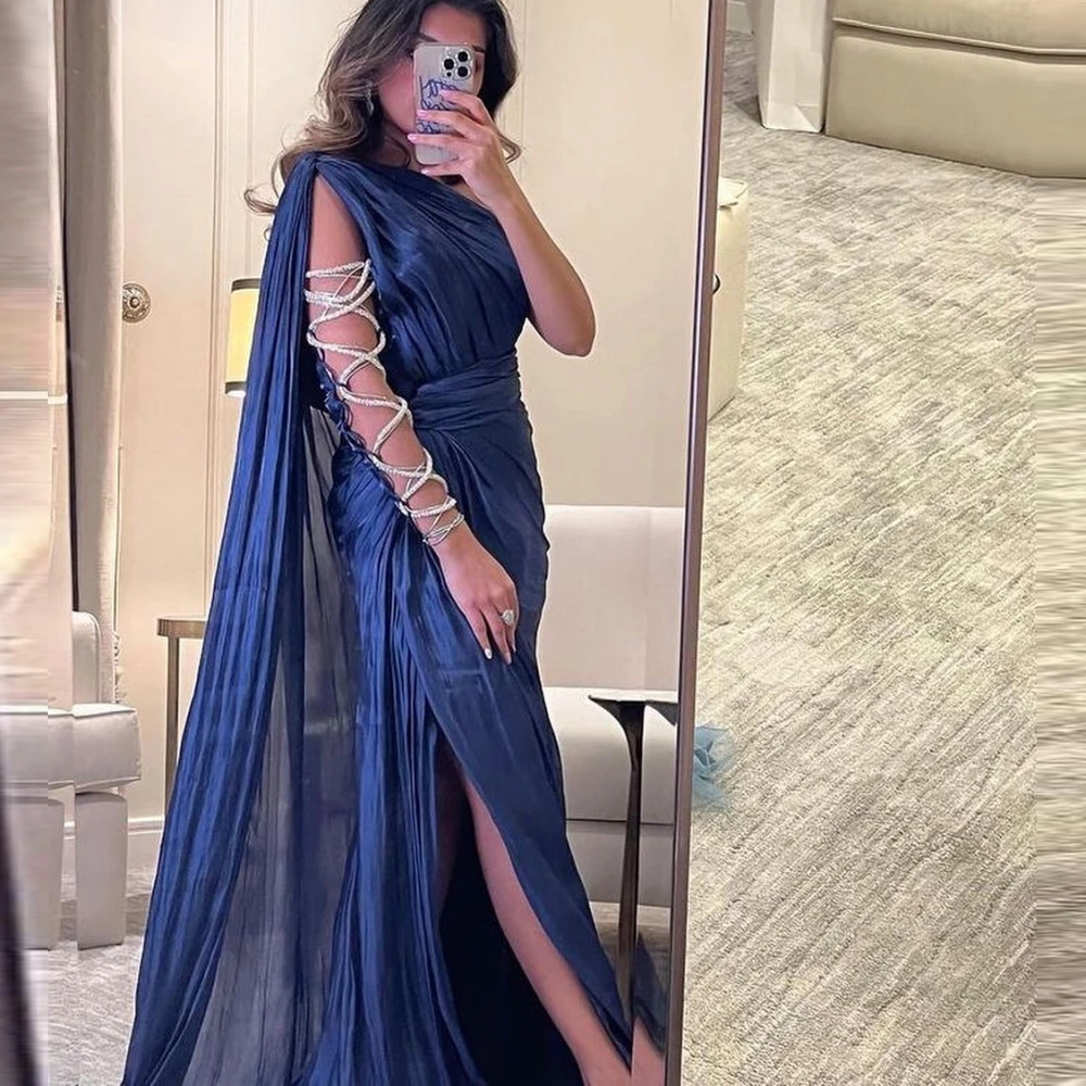 

Carolina One-Shoulder Blue Evening Dresses Women Saudi Arabia Sleeveless Satin Vintage Wedding Guest Elegant Formal Party Gowns