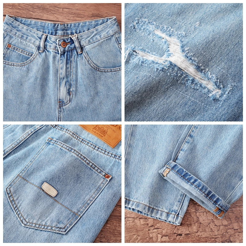 Spring/Fall European American Trendy Men's Denim Jeans Knee Ripped Distressed Light-Colored Loose Harem Tapered Pants