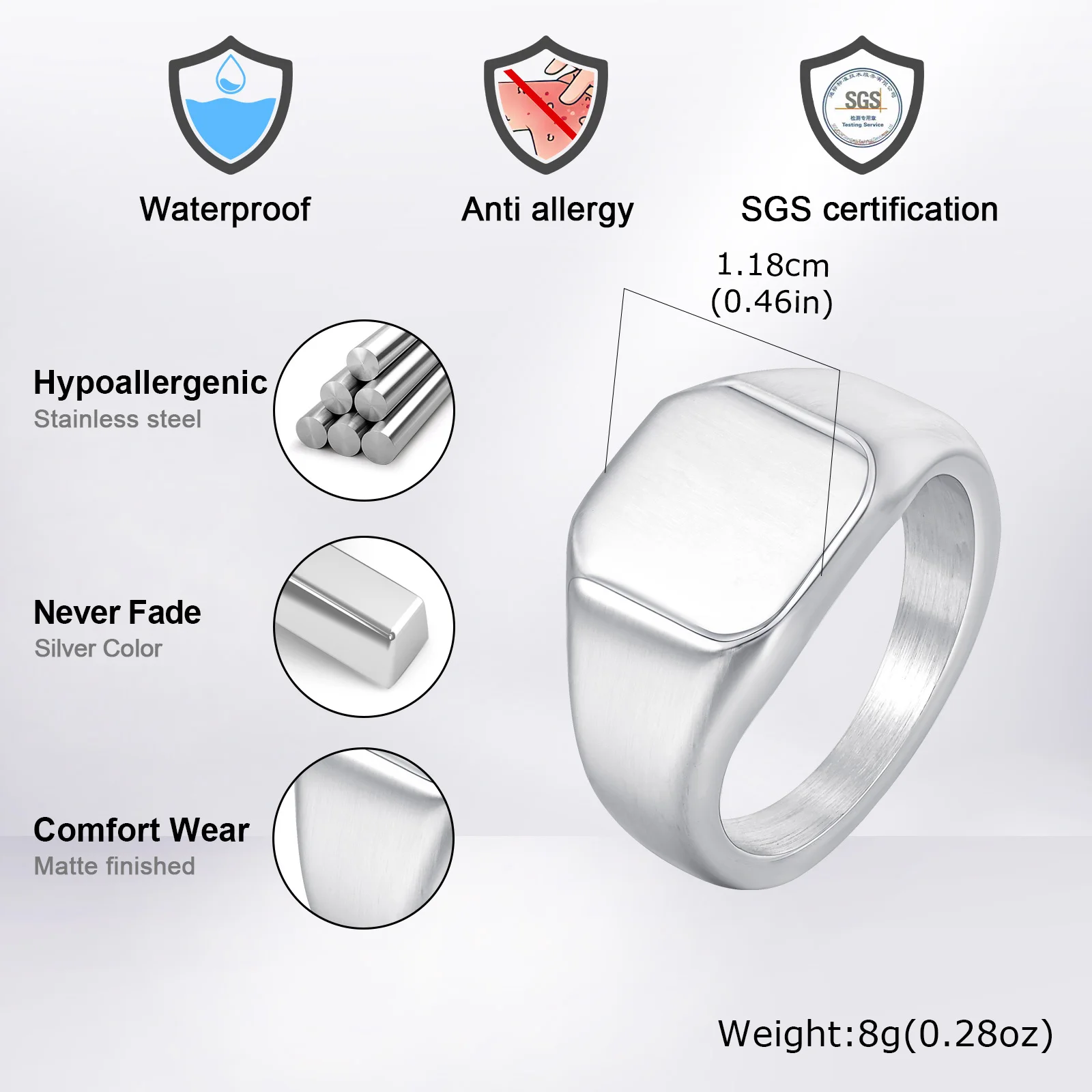 Vnox Brushed Square Signet Ring, Stainless Steel 11.8mm Wide Band for Men, Size 7-12 Chunky Finger Ring Anniversary Gift for Him 3