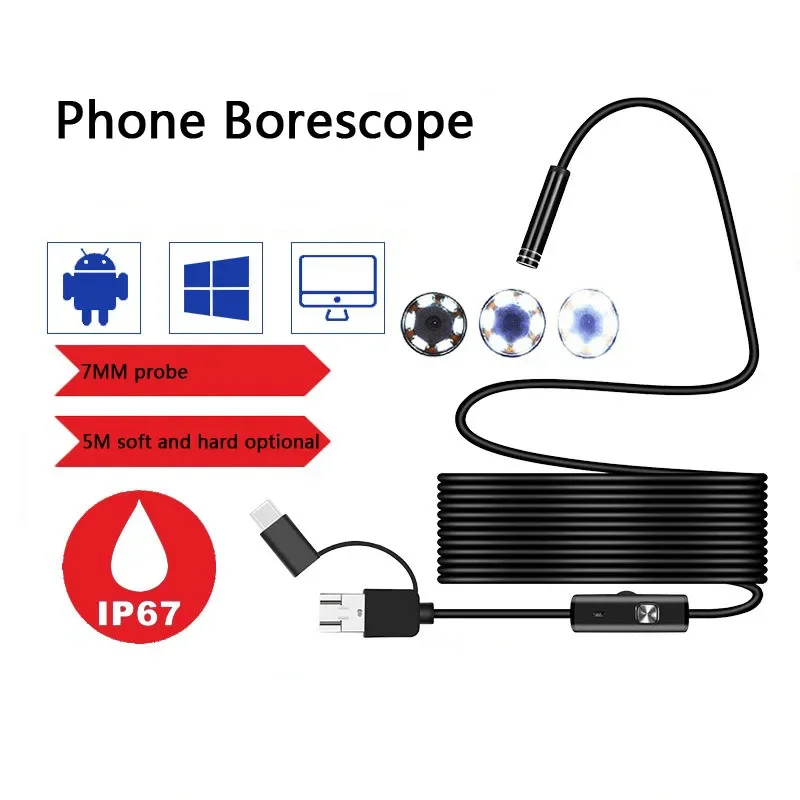 

7mm 3 in 1 HD Android Cell Phone Borescope Auto Repair Air Conditioning Pipe Micro Camera Industrial Waterproof Borescope