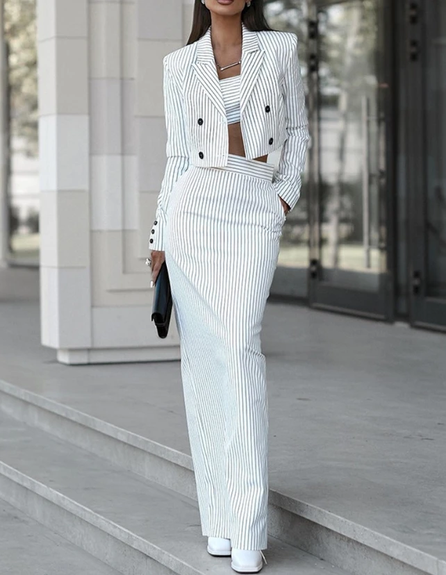 Women's Stage Skirt Sets Spring 2024 Latest Elegant Striped Notched Collar Long Sleeved Blazer Coat&daily Work Slit Skirt Set