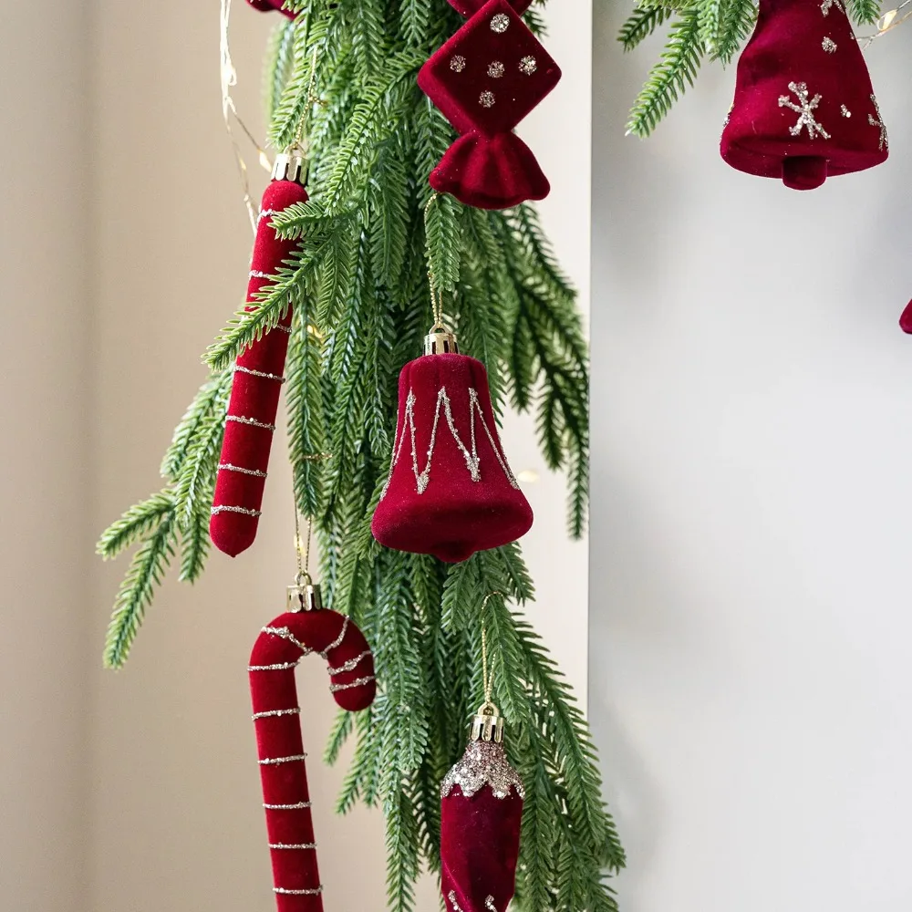 2PCS/Set Velvet Christmas Candy Cane Bell Icicle Ornaments Burgundy Red Xmas Tree Hanging Pendants Christmas Party Home Decor