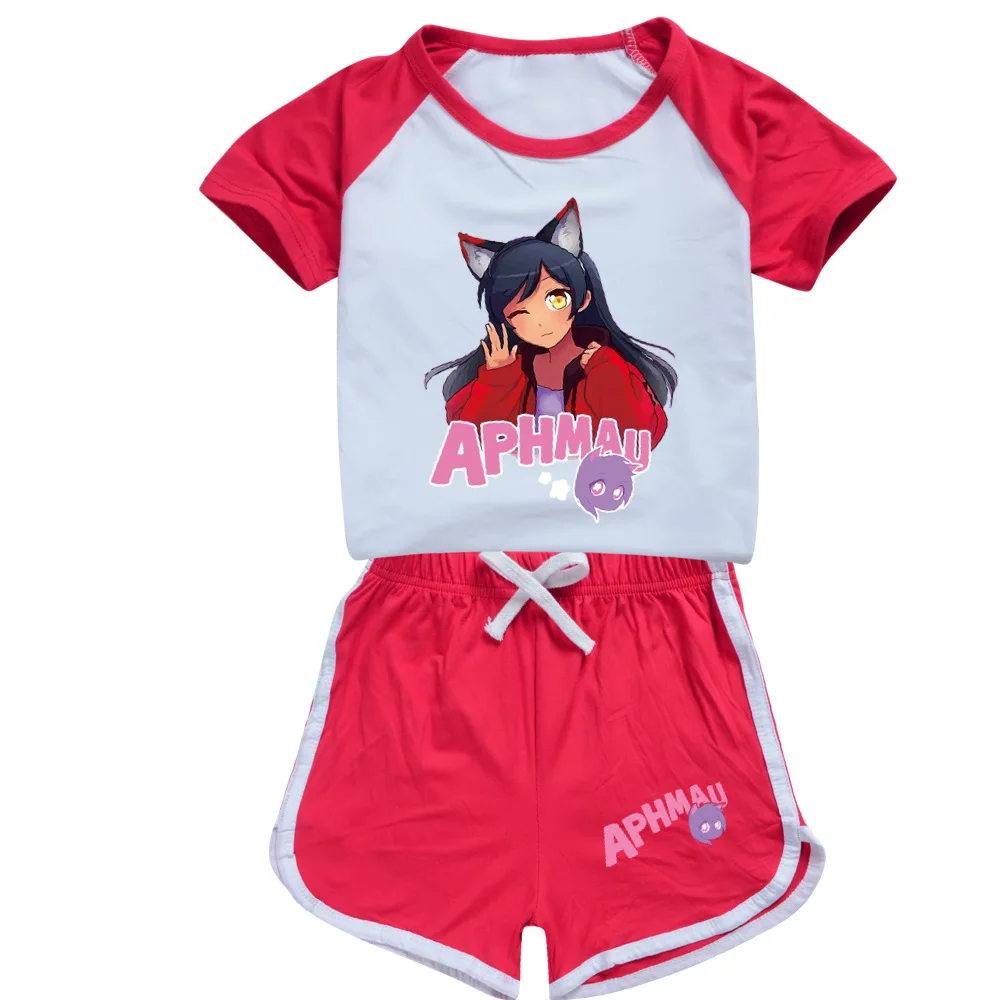 Anime Aphmau Cat Clothes Kids Summer Short Sleeve Tops Shorts 2pcs Sets Baby Girls Cartoon Tshirt Teenager Boys Causal Sportsuit