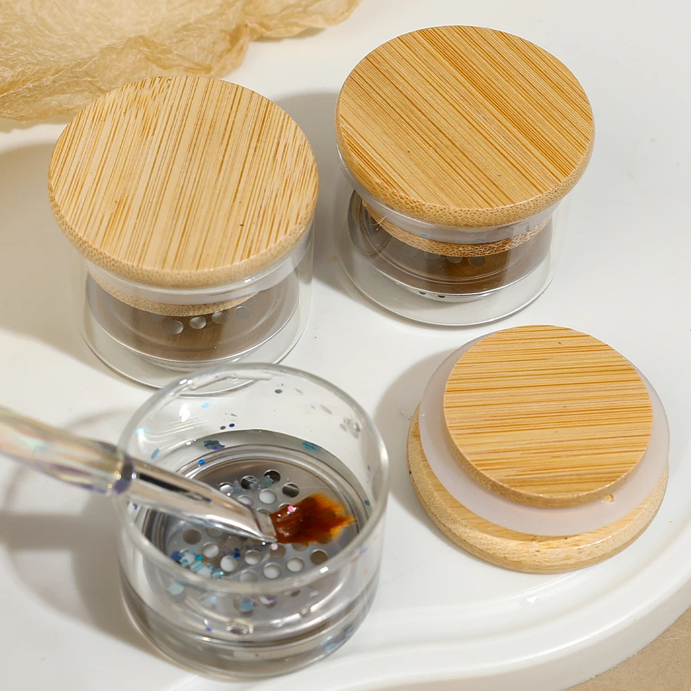 4/1Pc Nail Glitter Wash Pen Cup with Wooden Lid Glass Crystal Cup Stainless Steel Mesh Filter Sequin Phototherapy Brush Tool