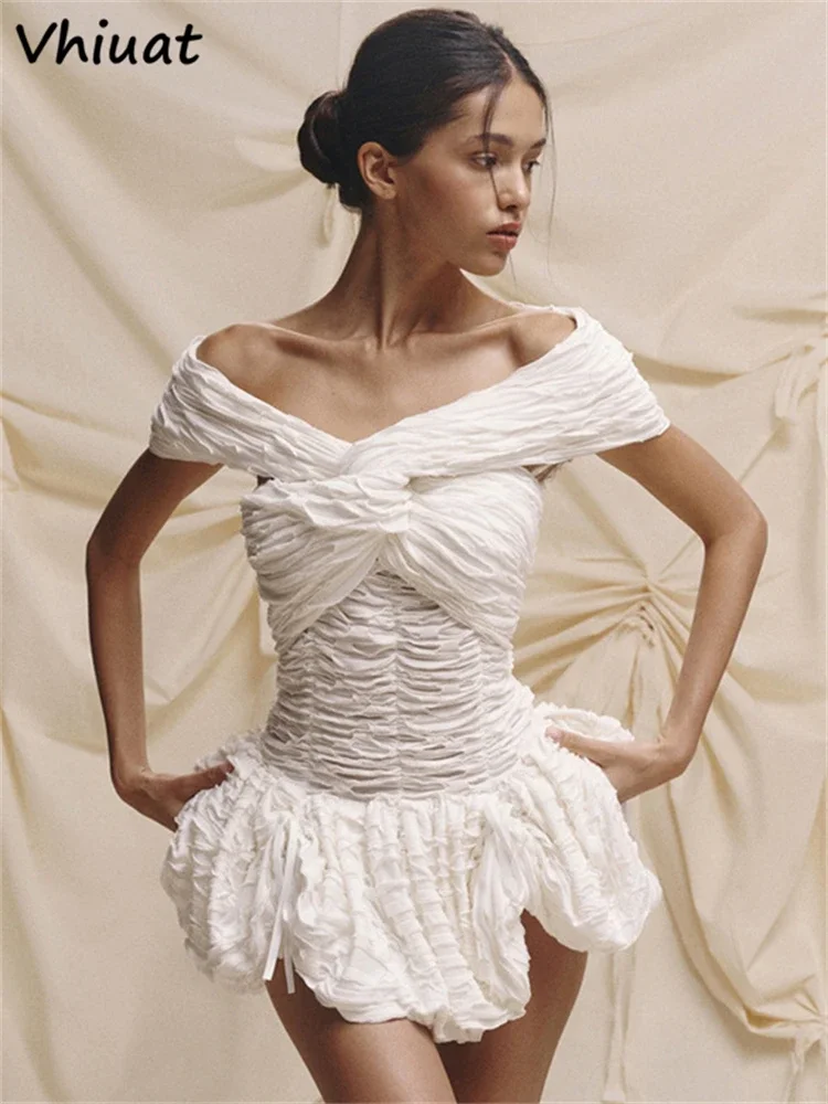 

Женское облегающее платье с открытыми плечами Vhiuat, белое Элегантное короткое платье, летнее модное платье, праздничные мини-платья с рюшами, 2024