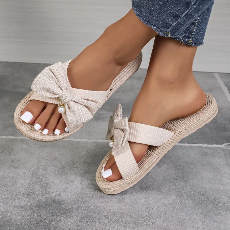 

Women Slippers 2024 Summer New Fashion Bow Flat Shoes for Women Open Toed Casual Beach Flip Flop Female Zapatos De Mujer