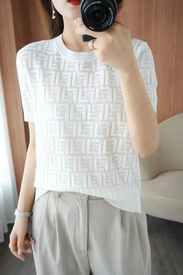 

Fashion Slim Pullover Jacquard Pure Cotton Knitted Round Neck Summer New Fashion Casual Slim Fit Top