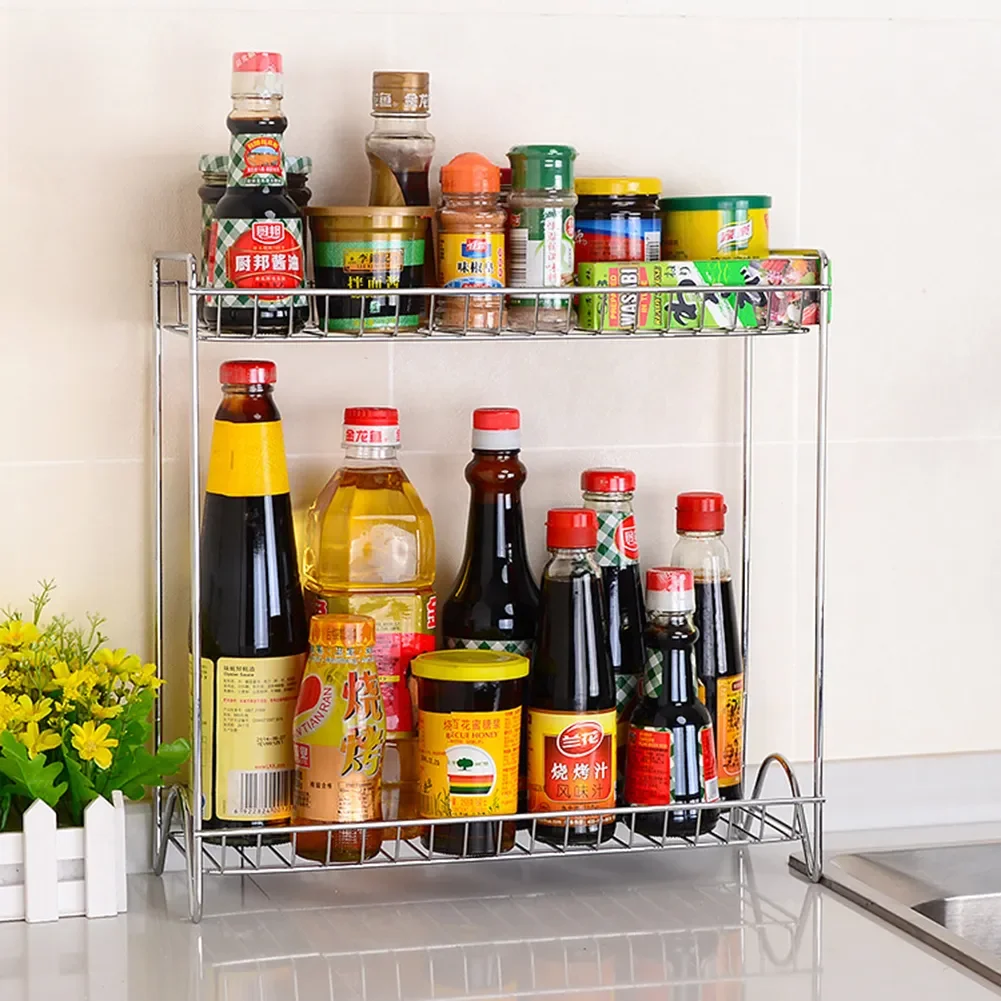 

Stainless Steel Spice Jar Shelf Organizer, Bottle Rack, Holder Storage, Kitchen Countertop Shelves, 2 Tier