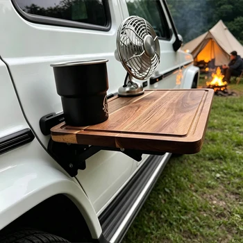 Tavolino Pieghevole in Legno per Auto, Portabicchieri e Portaoggetti da Montare sulla Portiera, Accessorio da Viaggio per SUV