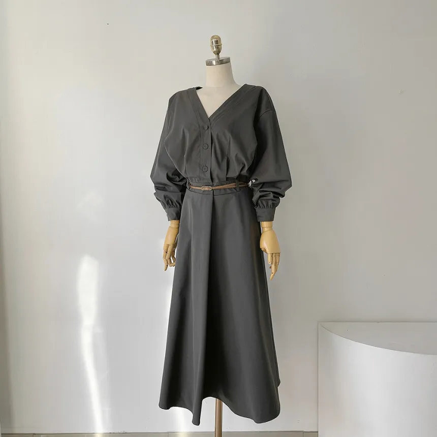 Korean Fashion V-neck Midi Dresses for Women with Belt Long Sleeve A-line Office Lady Autumn New Elegant Solid Female Clothing