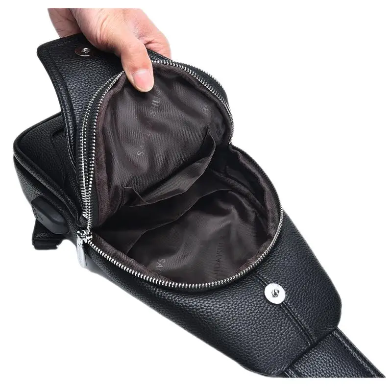 New Business Men's Chest Bag Fashion Leather Shoulder Messenger Bag USB Charging Crossbody Bag Travel Male Sling Bag