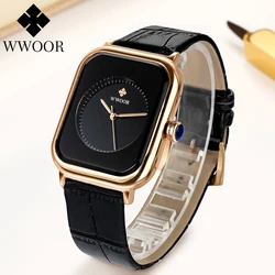 WWOOR New Fashion Watches Gift For Women Luxury Brand Black Leather Simple Quartz Wrist Watches Square Clock Ladies Montre Femme