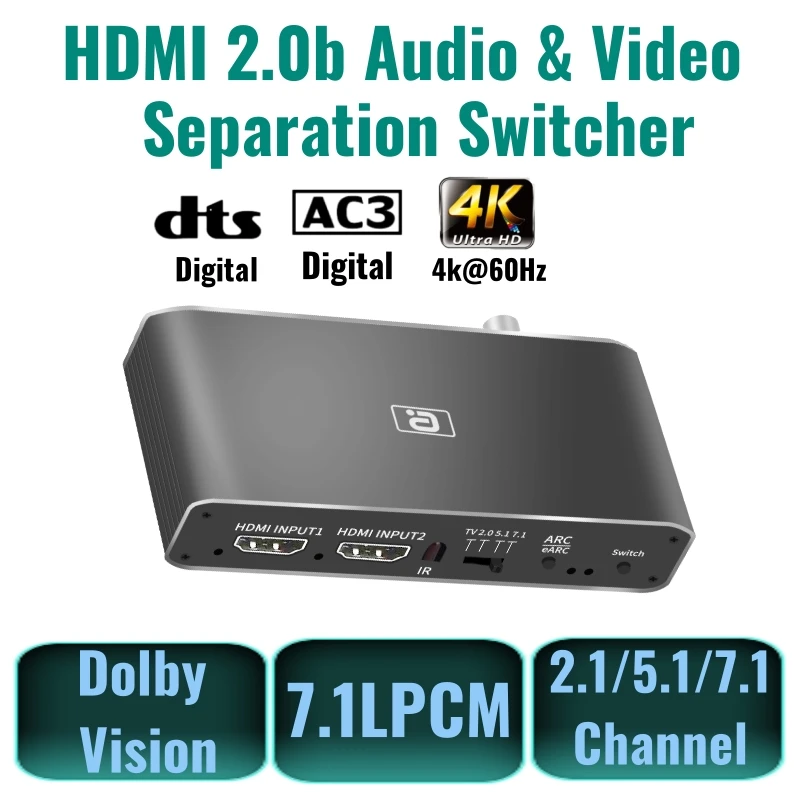 

HDMI-Compatible Switcher With eARC For 7.1CH AT3 DTS Audio Splitter AUX Coaxial DAC Extractor to Amplifier & Speaker&Smart TV