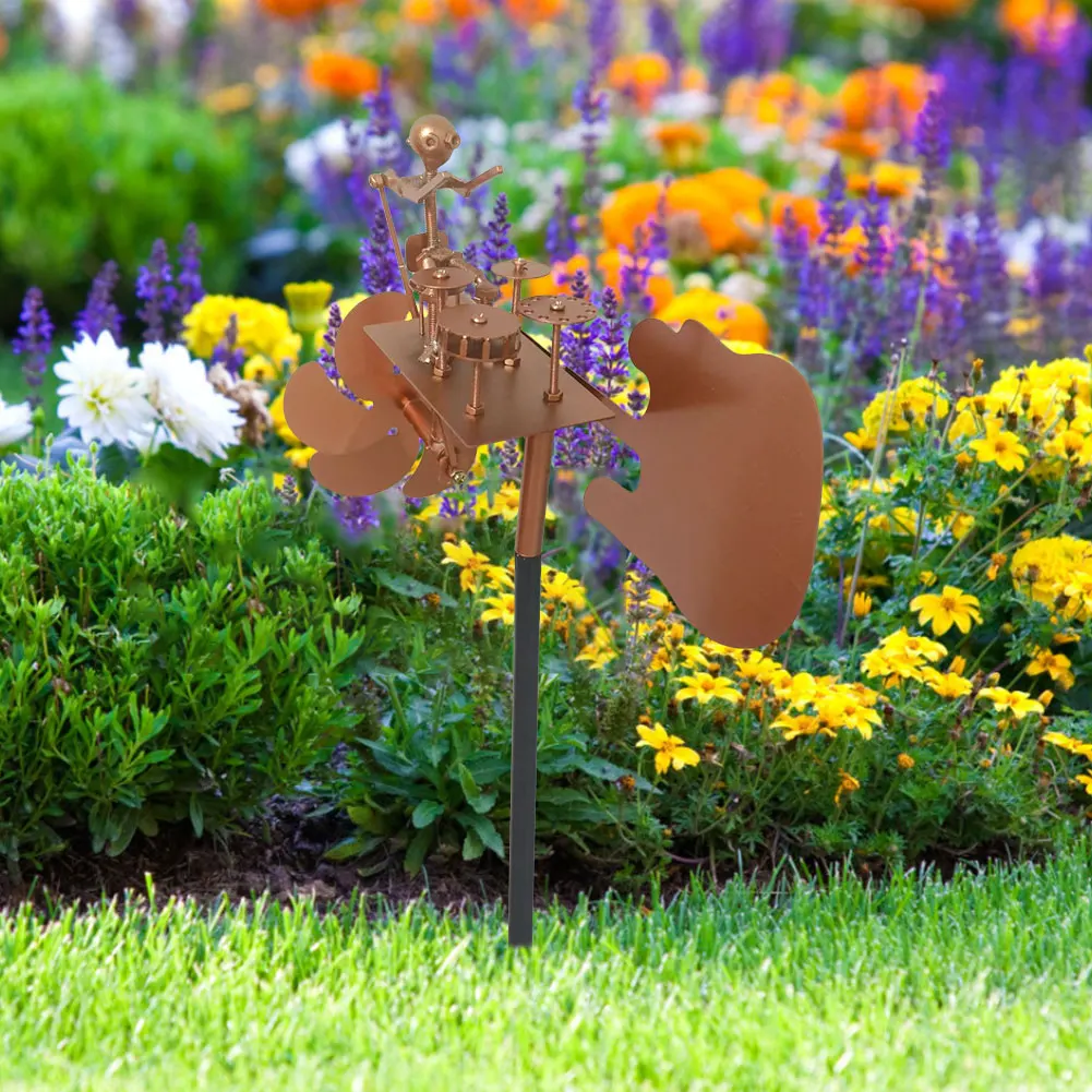 Metal Wind Spinner Handmade Drummer Windmill Outdoor Wind Sculpture Wind Power Rock Art Statue Garden Yard Lawn Patio Decorative