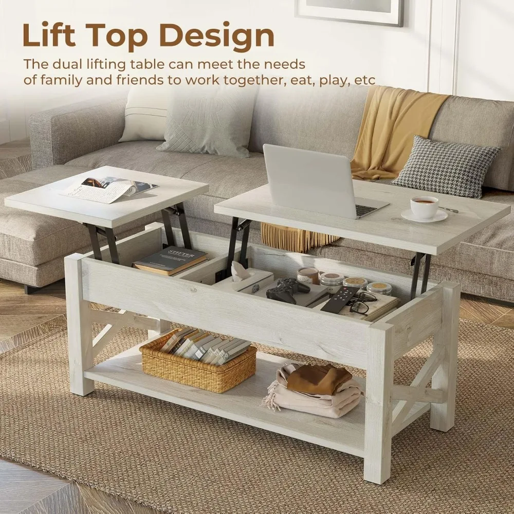 Coffee Table 47.2", 2 Way Lift Top Farmhouse Center Table with Hidden Compartment, Open Shelf & X Wooden Support for Living Room 5
