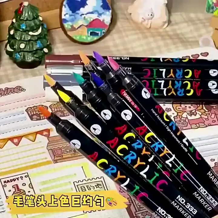 Professional Art Use 48-Color Acrylic Paint Markers, Dual-Tip Fine and Brush Tip Pens, Suitable for Stone, Wood, Calligraphy