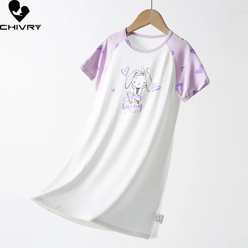 New 2023 Girls Fashion Nightgowns Summer Thin Short Sleeve O-neck Cartoon Rabbit Sleepwear Baby Girl Sleeping Dress Homewear