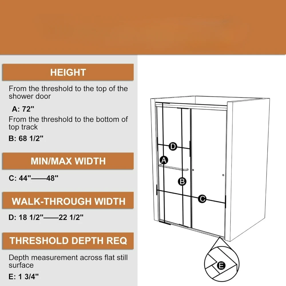 44-48" W x 72" H Semi-Frameless Sliding Shower Door, Bathroom Glass Shower Door with 1/4 (6mm) Clear SGCC Tempered Glass 2